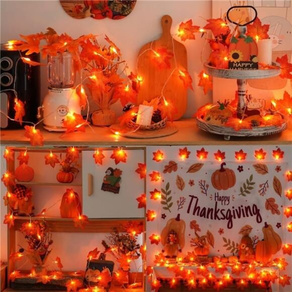 Fall Garland – 4-Pack, 40ft with 80 LED Maple Leaves, Battery Operated Decor - Picture 3 of 7